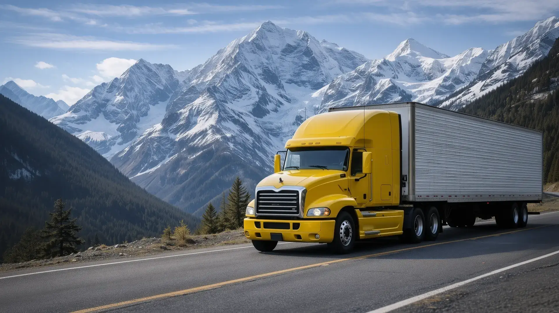 Yellow Mack semi-truck on highway at sunset